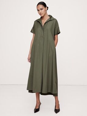 Banana Republic Olive Green Short-Sleeve Maxi Shirt Dress